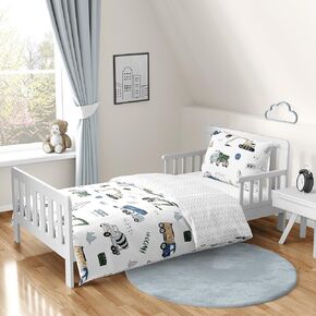 Sweet Jojo Designs Construction Truck Boy Toddler Kid Bedding Set - Childrens 5 pieces Comforter, Sham and Sheets - Grey Yellow Black Blue and Green Transportation Chevron Arrow