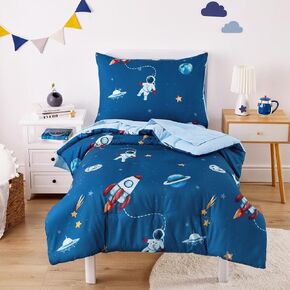 Wake In Cloud - Space Toddler Bedding Set for Boys, Cute Rocket Space Ship Astronaut, 4 Pieces Soft Crib Bed Set Including Comforter, Sheets and Pillowcase, Navy Blue in Kuwait