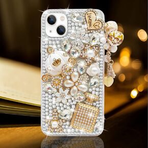Guppy Compatible with iPhone 13 Case for Women Girls Luxury 3D Bling Shiny Rhinestone Diamond Crystal Pearl Handmade Pendant Iron Tower Pumpkin Car Flowers Soft Protective Case 6.1 inch