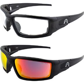 Alpha Omega AO5 Motorcycle Sunglasses Foam Padded Riding Safety Glasses Z87.1 for Men or Women 2 Pairs Black Frames w/Clear & Red Mirror Lenses