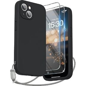 SURPHY Designed for iPhone 15 Case with Screen Protector and Lanyard, Phone strap and Liquid Silicone Phone Case (Camera protective + Soft Microfiber Lining) 6.1 inch 2023 (Sunshine)