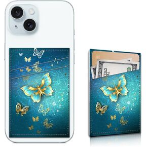 Phone Card Holder, Dual Pocket Leather Phone Wallet Adhesive Stick On, Cute Card Holder, Credit Card Holder for Phone Case Compatible with Most Phone （Boho Mushroom）
