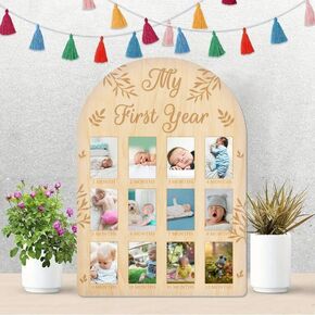 ORIGACH My First Year Baby Growth Photo Display Wood Board - 12 Months Newborn Milestones Picture Frame - Neutral Baby Keepsake Frame 1st Birthday Party Nursery Decor New Mom Gift - Footprint Pattern