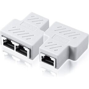 2 Pack RJ45 Splitter 1 to 2 Port T Adapter Female Socket Ethernet Connector Dual Ways Plug Modular Hub Switcher for Network Cat5 Cat6 Cat7 LAN Cable Computer PC Router POE IP Camera TV Box