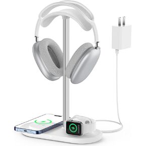 HiWe 3-in-1 Headphone Stand - Universal Desktop Gaming Headset Holder with Wireless Charger for Phones/AirPods/iWatch, Aluminum Alloy Rod, Leather Pad, ABS Solid Base, Black