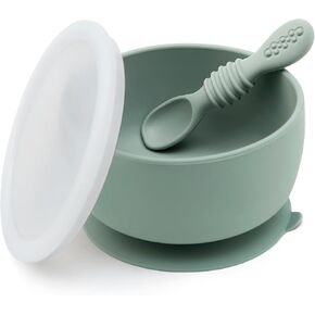 Baby Bowl and Spoon Set with Suction and Lid, Silicone Baby Food Bowl, First Stage Baby Feeding Set, Self Feeding Essentials for 6+ Months (Forest)