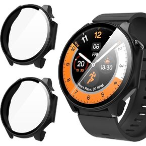 Suoman 2-Pack for Oneplus Watch 2 Case,2.5D 9H Ultra-thin Tempered Glass PC Screen Protective Case Cover for Oneplus Watch 2 (Black+Black)