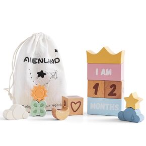 Baby Monthly Milestone Blocks Set of 12, Wooden Newborn Age Blocks for Monthly Milestone, Charming Baby Photo Props, Newborn Photography, Baby Gifts for Baby Shower & Keepsake, Month Milestone Blocks