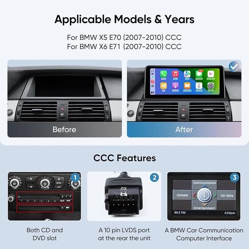 ستيريو سيارة 10.25 بوصة لسيارة BMW X5 X6 E70 E71(2007-2010) مع نظام CCC، ترقية راديو المصنع Android Auto Wireless CarPlay Bluetooth 1920 * 720p IPS شاشة تعمل باللمس in Kuwait