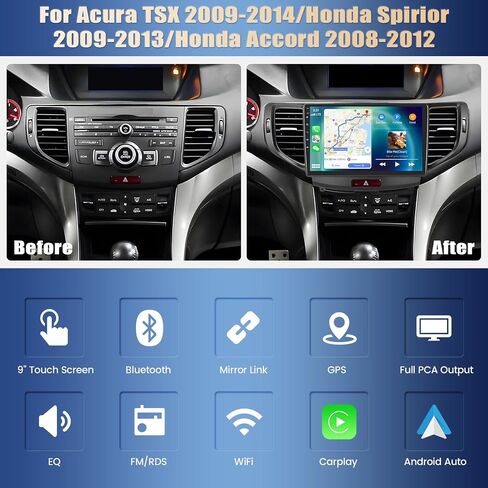 [4+64G] ستيريو سيارة Android 13 8 النواة لـ Acura TSX 2009-2014/Honda Spirior 2009-2013/Honda Accord 2008-2012 مع Carplay اللاسلكي وAndroid Auto، راديو سيارة 9 بوصة مع وصلة مرآة بلوتوث FM/RDS واي فاي GPS in Saudi Arabia