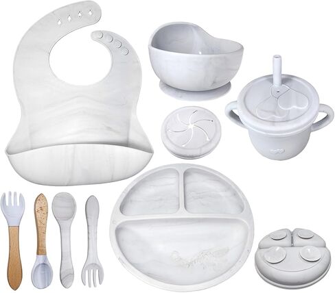 Baby Silicone Feeding Set 6 Months and Up - Divided Plate, Bowl with Suction, Cup W/Snack and Straw Lids, Bib More - BPA Free - Toddler Led Weaning, Self Utensils Set of 10 (Marble) in Saudi Arabia