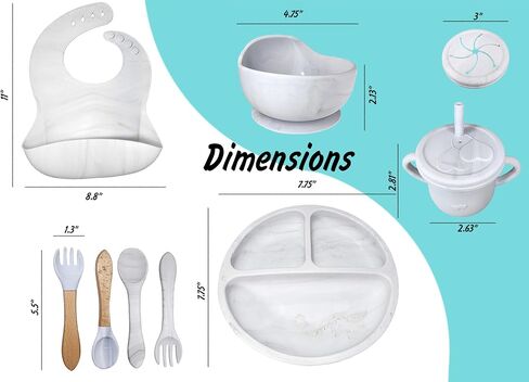 Baby Silicone Feeding Set 6 Months and Up - Divided Plate, Bowl with Suction, Cup W/Snack and Straw Lids, Bib More - BPA Free - Toddler Led Weaning, Self Utensils Set of 10 (Marble) in Saudi Arabia