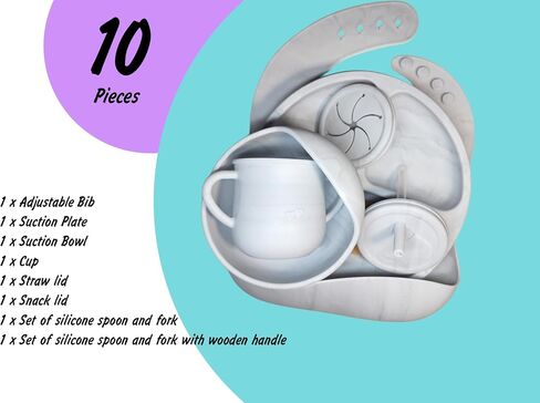 Baby Silicone Feeding Set 6 Months and Up - Divided Plate, Bowl with Suction, Cup W/Snack and Straw Lids, Bib More - BPA Free - Toddler Led Weaning, Self Utensils Set of 10 (Marble) in Saudi Arabia