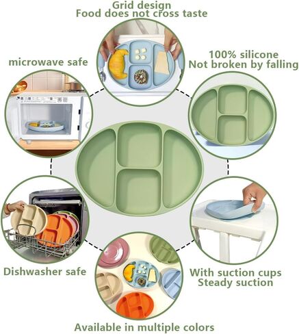 Suction Plates for Baby,Toddler Plates with Suction,Silicone Divided Kids Placemat Fits Most Highchair Trays,Microwave & Dishwasher Safe (Matcha Green) in Saudi Arabia