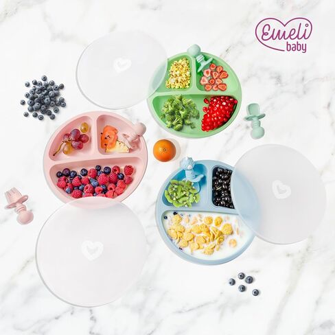 ألواح شفط من السيليكون مع أغطية بلاستيكية - 100% سيليكون صالح للطعام، خالية من مادة BPA، تصميم مقسم، شفط قوي، آمنة للاستخدام في الميكروويف، آمنة للاستخدام في غسالة الأطباق، 3 عبوات. in Kuwait