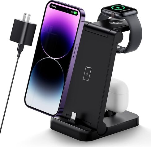 3 in 1 Charging Station with 18W Wall Adapter, Portable Foldable Travel Charger Stand for Multiple Devices, Fast Charge Compatible with iPhone, iWatch, AirPods in Saudi Arabia
