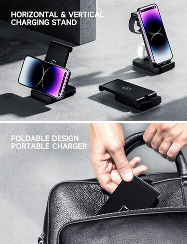 3 in 1 Charging Station with 18W Wall Adapter, Portable Foldable Travel Charger Stand for Multiple Devices, Fast Charge Compatible with iPhone, iWatch, AirPods in Saudi Arabia