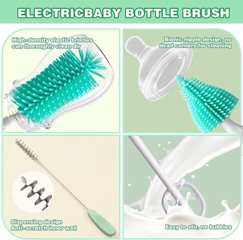 Electric Bottle Brush Cleaner,2 Mode & 360° Rotation Electric Baby Bottle Brush, Baby Bottle Brush Travel Set，Silicone Bottle/Straw/Pacifier Brush(Green) in Saudi Arabia