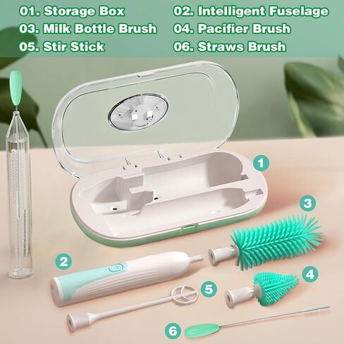 Electric Bottle Brush Cleaner,2 Mode & 360° Rotation Electric Baby Bottle Brush, Baby Bottle Brush Travel Set，Silicone Bottle/Straw/Pacifier Brush(Green) in Saudi Arabia