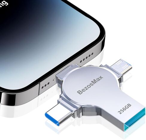 محرك أقراص فلاش USB صغير 4 في 1 سعة 256 جيجابايت، عصا صور عالية السرعة، عصا ذاكرة عالية السعة، محرك إبهام محمول، محرك أقراص فلاش USB خارجي للتخزين لجميع الهواتف الذكية/الكمبيوتر المحمول/الكمبيوتر الشخصي in Saudi Arabia