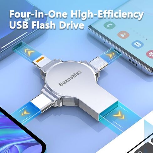 محرك أقراص فلاش USB صغير 4 في 1 سعة 256 جيجابايت، عصا صور عالية السرعة، عصا ذاكرة عالية السعة، محرك إبهام محمول، محرك أقراص فلاش USB خارجي للتخزين لجميع الهواتف الذكية/الكمبيوتر المحمول/الكمبيوتر الشخصي in Saudi Arabia