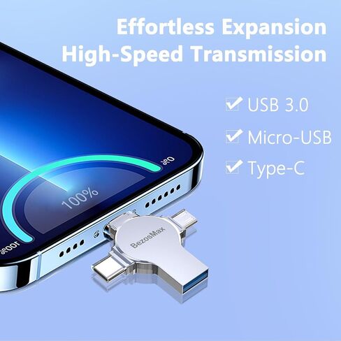 محرك أقراص فلاش USB صغير 4 في 1 سعة 256 جيجابايت، عصا صور عالية السرعة، عصا ذاكرة عالية السعة، محرك إبهام محمول، محرك أقراص فلاش USB خارجي للتخزين لجميع الهواتف الذكية/الكمبيوتر المحمول/الكمبيوتر الشخصي in Saudi Arabia