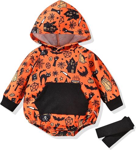 Unutiylo Baby Halloween Outfits Newborn Hooded Romper Baby Sweatshirt Long Sleeve Fall Winter Outfit With Matching Socks in Saudi Arabia