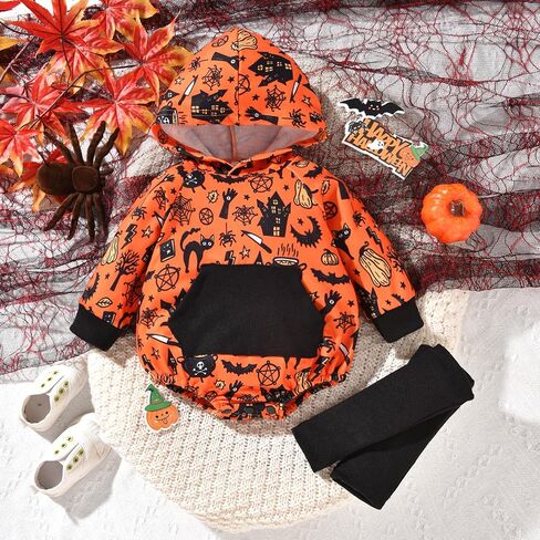 Unutiylo Baby Halloween Outfits Newborn Hooded Romper Baby Sweatshirt Long Sleeve Fall Winter Outfit With Matching Socks in Saudi Arabia