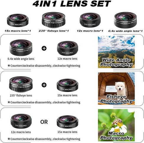 مجموعة عدسات 4 في 1 لأجهزة iPhone وAndroid، عدسة ماكرو 12X/15X (عدستين) + عدسة زاوية واسعة 0.4X + عدسة عين السمكة 235 درجة، عدسة كاميرا الهاتف، اللون أسود in Kuwait