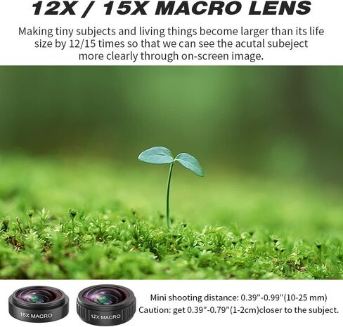 مجموعة عدسات 4 في 1 لأجهزة iPhone وAndroid، عدسة ماكرو 12X/15X (عدستين) + عدسة زاوية واسعة 0.4X + عدسة عين السمكة 235 درجة، عدسة كاميرا الهاتف، اللون أسود in Kuwait