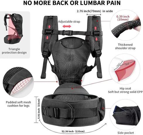 Baby Carrier with hip seat Newborn to Toddler, 8 in 1 Waist & Lumber Support, Breathable Airflow Head Cover, Ergonomic M position, Infant Carrier Backpack All season Lightweight, Waist belt 52.36 inch in Saudi Arabia