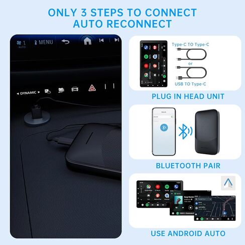 محول سيارة Kello Wireless Android Auto، التوصيل والتشغيل اللاسلكي Android Auto Dongle لهواتف Android، مناسب لعام 2015 وما فوق السيارات يحول Android Auto السلكي إلى لاسلكي (أسود) in Kuwait