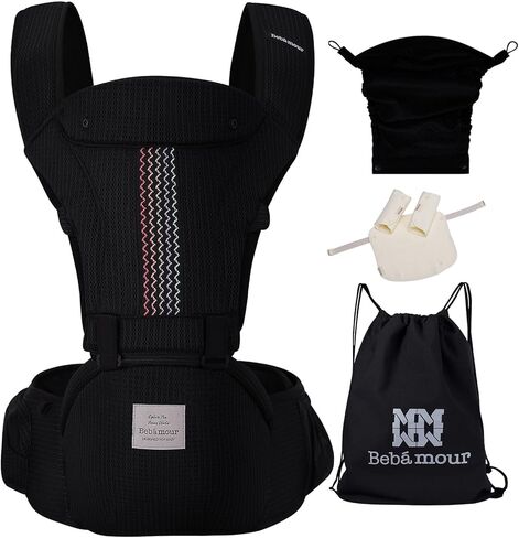 حاملة الأطفال من بيبي بامور لحديثي الولادة وحتى الأطفال الصغار بمقعد الورك من 0 إلى 36 شهرًا مع غطاء للرأس، 3 قطع من وسادات التسنين، وموسع الخصر، أسود in Kuwait