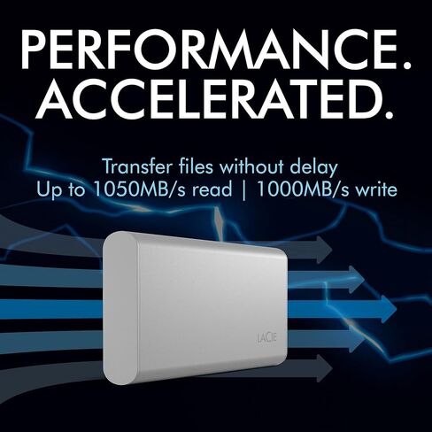 محرك الأقراص الصلبة الخارجي LaCie SSD المحمول بسعة 2 تيرابايت - USB-C، USB 3.2 Gen 2، سرعات تصل إلى 1050 ميجابايت/ثانية، فضي القمر، لأجهزة Mac PC وiPad، مع خدمات الإنقاذ (STKS2000400) (متجدد) in Saudi Arabia