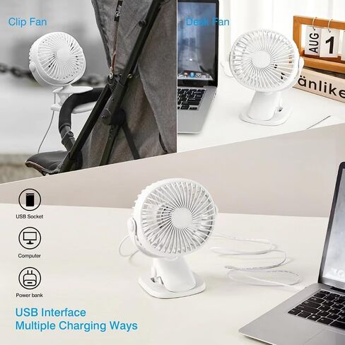 Small Portable Clip on Fan, USB Fan for Bed Office Dorm Camp Stroller, 2-Speed Adjustment, 360° Rotation, White in Saudi Arabia