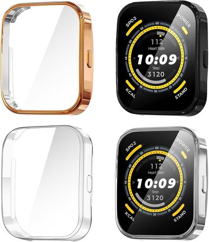 Suoman 4 Pack Screen Protector Case for Amazfit Bip 5, All-Around Protective Soft TPU Flexible Bumper Screen Protective Case for Amazfit Bip 5 Smartwatch (Black+Rose Gold+Pink+Clear) in Saudi Arabia