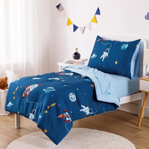 Wake In Cloud - Space Toddler Bedding Set for Boys, Cute Rocket Space Ship Astronaut, 4 Pieces Soft Crib Bed Set Including Comforter, Sheets and Pillowcase, Navy Blue in Kuwait
