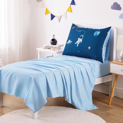 Wake In Cloud - Space Toddler Bedding Set for Boys, Cute Rocket Space Ship Astronaut, 4 Pieces Soft Crib Bed Set Including Comforter, Sheets and Pillowcase, Navy Blue in Kuwait