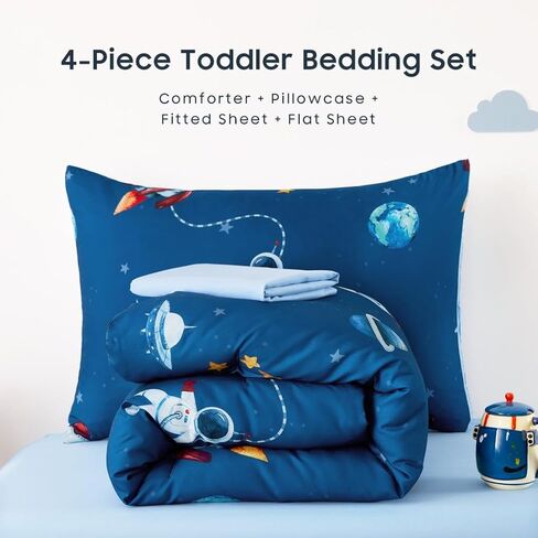 Wake In Cloud - Space Toddler Bedding Set for Boys, Cute Rocket Space Ship Astronaut, 4 Pieces Soft Crib Bed Set Including Comforter, Sheets and Pillowcase, Navy Blue in Kuwait
