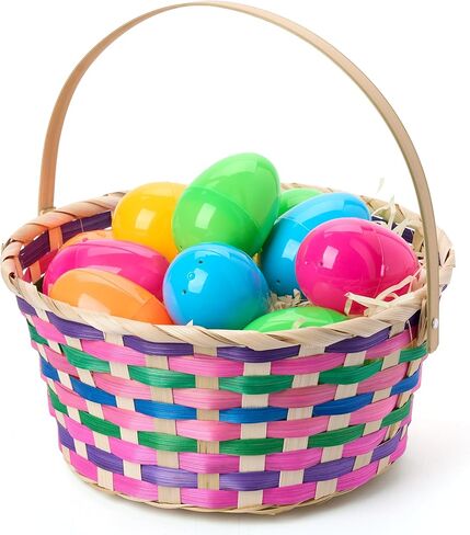 JOYIN Easter Bamboo Basket, Colorful Round Bamboo Woven Goodie Basket with Folding Handle, Empty Gift Basket for Girls Boys Easter Egg Hunt, Kids Easter Party Treats, Filled with Party Favors in Saudi Arabia