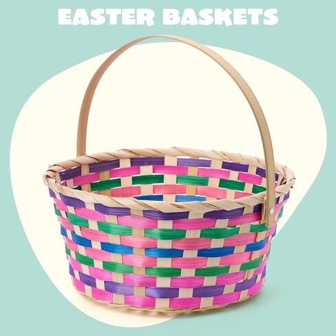 JOYIN Easter Bamboo Basket, Colorful Round Bamboo Woven Goodie Basket with Folding Handle, Empty Gift Basket for Girls Boys Easter Egg Hunt, Kids Easter Party Treats, Filled with Party Favors in Saudi Arabia
