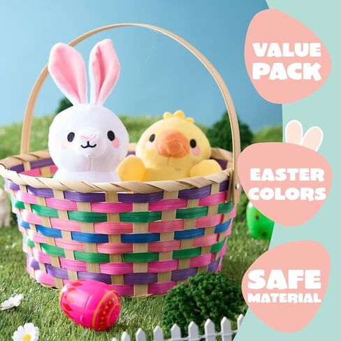 JOYIN Easter Bamboo Basket, Colorful Round Bamboo Woven Goodie Basket with Folding Handle, Empty Gift Basket for Girls Boys Easter Egg Hunt, Kids Easter Party Treats, Filled with Party Favors in Saudi Arabia