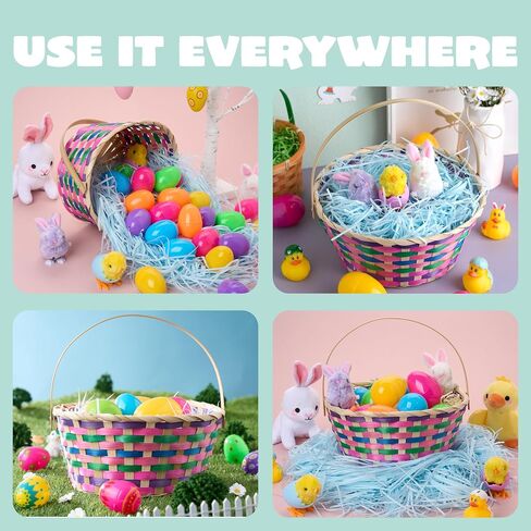 JOYIN Easter Bamboo Basket, Colorful Round Bamboo Woven Goodie Basket with Folding Handle, Empty Gift Basket for Girls Boys Easter Egg Hunt, Kids Easter Party Treats, Filled with Party Favors in Saudi Arabia
