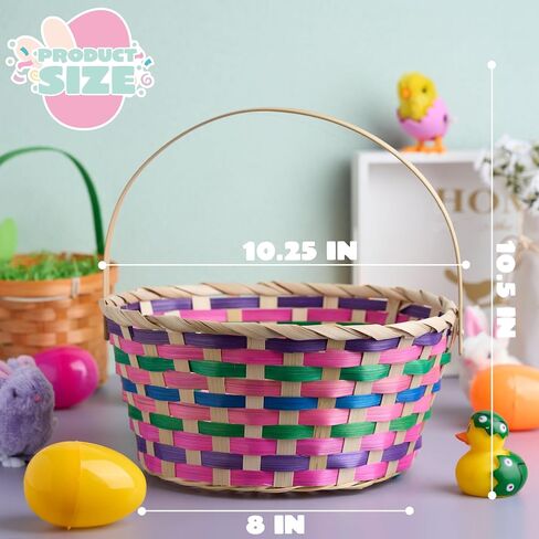 JOYIN Easter Bamboo Basket, Colorful Round Bamboo Woven Goodie Basket with Folding Handle, Empty Gift Basket for Girls Boys Easter Egg Hunt, Kids Easter Party Treats, Filled with Party Favors in Saudi Arabia