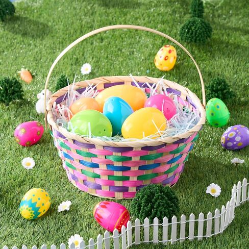 JOYIN Easter Bamboo Basket, Colorful Round Bamboo Woven Goodie Basket with Folding Handle, Empty Gift Basket for Girls Boys Easter Egg Hunt, Kids Easter Party Treats, Filled with Party Favors in Saudi Arabia