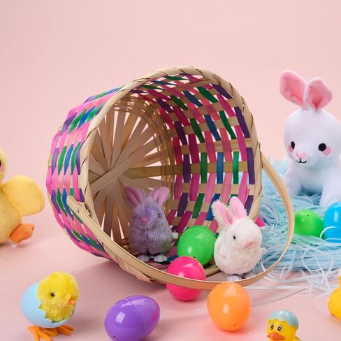 JOYIN Easter Bamboo Basket, Colorful Round Bamboo Woven Goodie Basket with Folding Handle, Empty Gift Basket for Girls Boys Easter Egg Hunt, Kids Easter Party Treats, Filled with Party Favors in Saudi Arabia