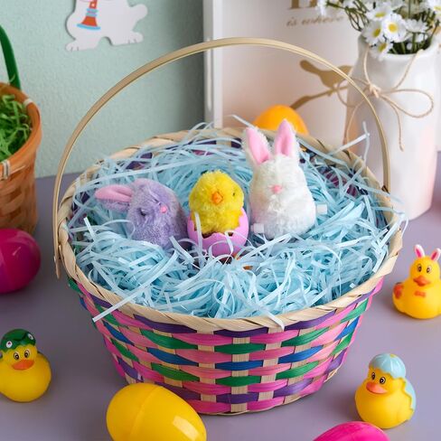 JOYIN Easter Bamboo Basket, Colorful Round Bamboo Woven Goodie Basket with Folding Handle, Empty Gift Basket for Girls Boys Easter Egg Hunt, Kids Easter Party Treats, Filled with Party Favors in Saudi Arabia