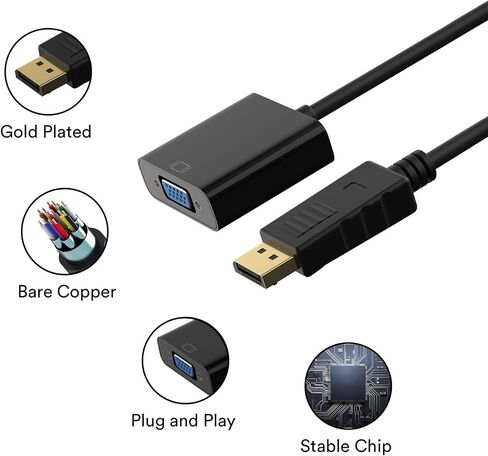 محول DisplayPort (DP) إلى VGA، منفذ عرض مطلي بالذهب إلى محول VGA (ذكر إلى أنثى) متوافق مع الكمبيوتر، سطح المكتب، الكمبيوتر المحمول، الكمبيوتر الشخصي، الشاشة، جهاز العرض، HDTV - محول BlackDP إلى VGA. in Saudi Arabia