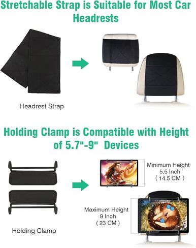 حامل الكمبيوتر اللوحي للسيارة WONNIE، متوافق مع الأجهزة اللوحية مقاس 10-12.9 بوصة، حزام مسند رأس قابل للتعديل، سهل التركيب، تصميم مضاد للانزلاق والخدش، يشمل الضمان in Kuwait