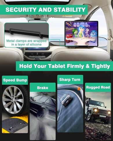 حامل الكمبيوتر اللوحي للسيارة WONNIE، متوافق مع الأجهزة اللوحية مقاس 10-12.9 بوصة، حزام مسند رأس قابل للتعديل، سهل التركيب، تصميم مضاد للانزلاق والخدش، يشمل الضمان in Kuwait